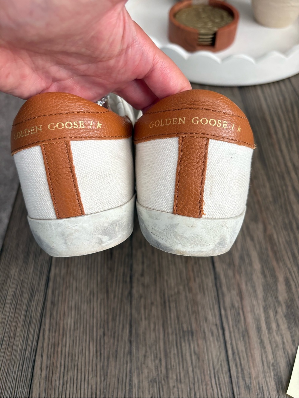 Golden Goose Women’s White Leather Sneakers with Tan Star Accents - Picture 3 of 5